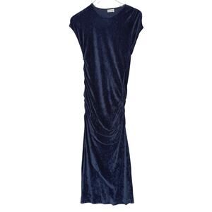 Malene Birger Navy Velvet Chenille Ruched Midi Dress S Round Neck Short Sleeves
